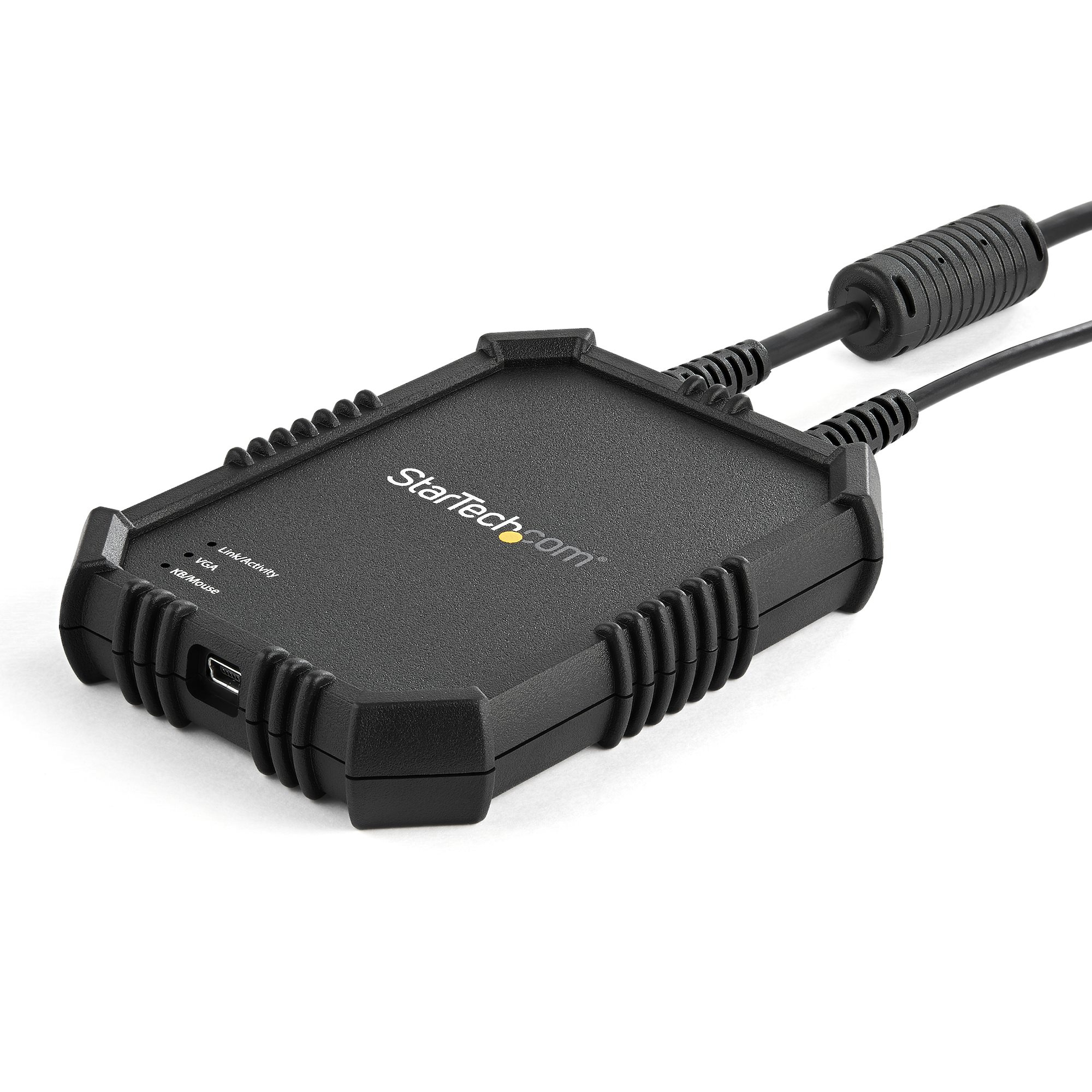 Een zwarte StarTech.com-adapter met aangesloten kabels op een witte achtergrond.