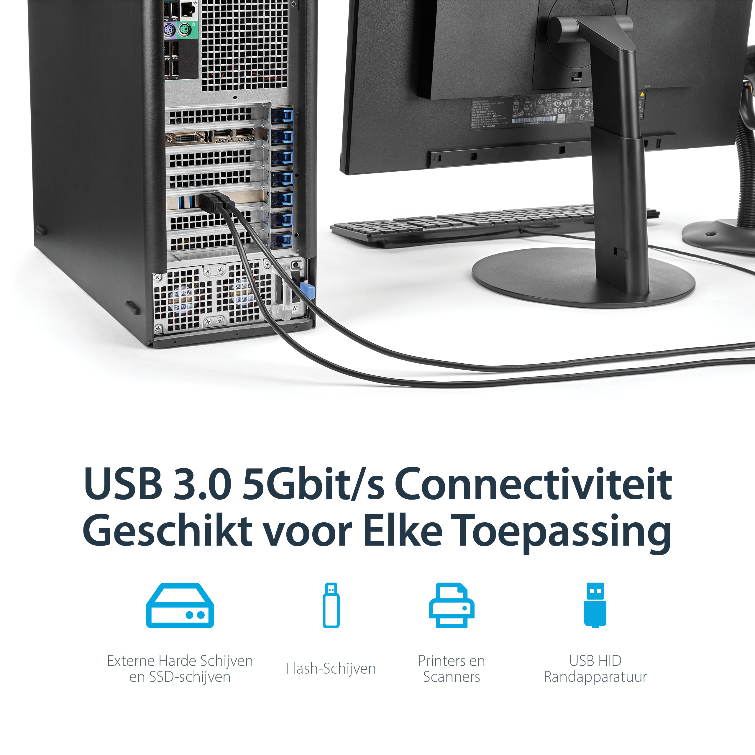 Una configuración de computadora con cables y texto sobre conectividad USB 3.0.
