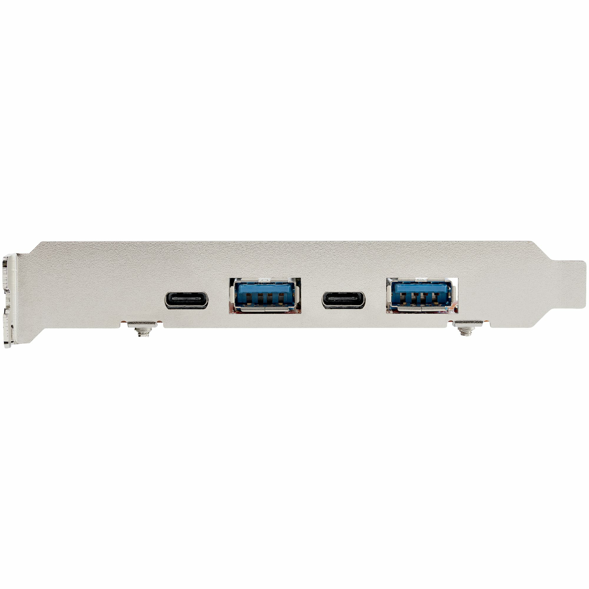Silberne Karte mit USB- und USB-C-Anschlüssen. Weißer Hintergrund.