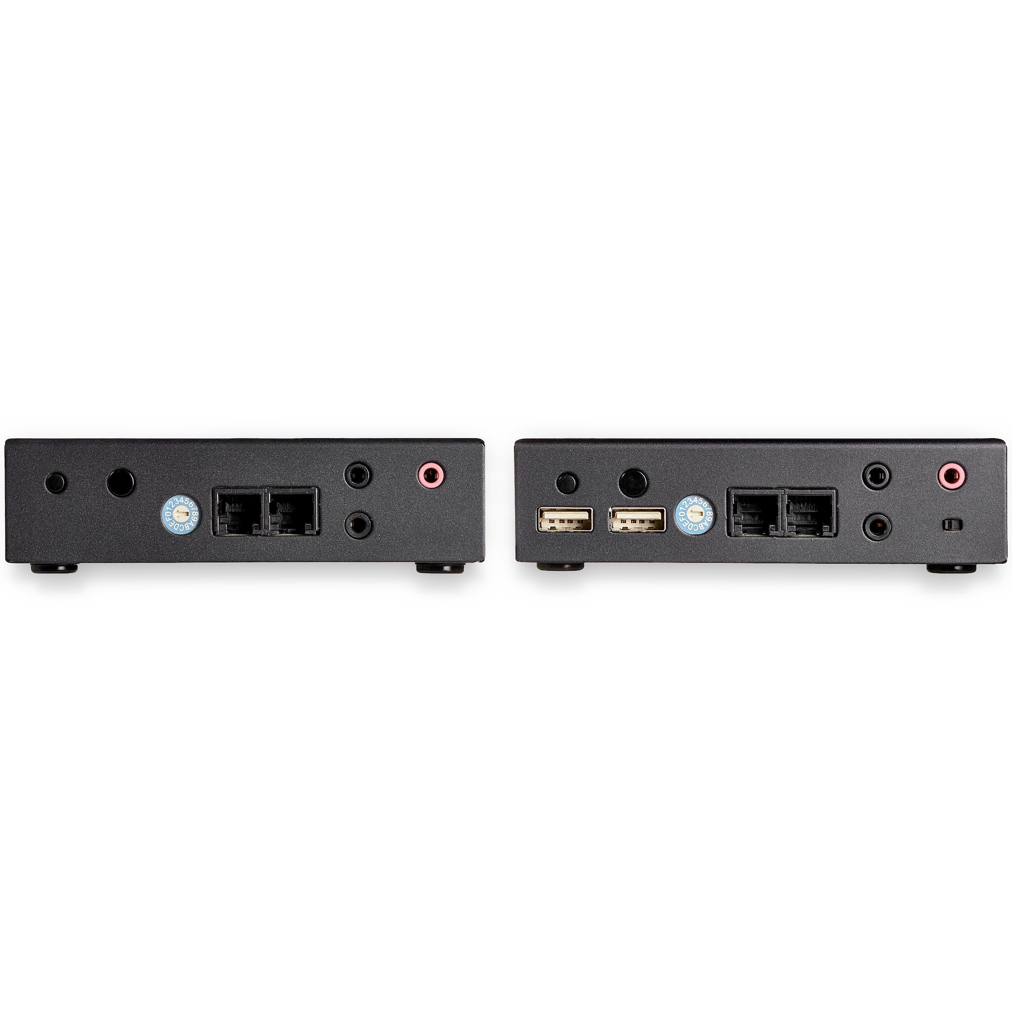 Dos dispositivos de audio negros, uno junto al otro, con puertos y orificios. Fondo blanco.