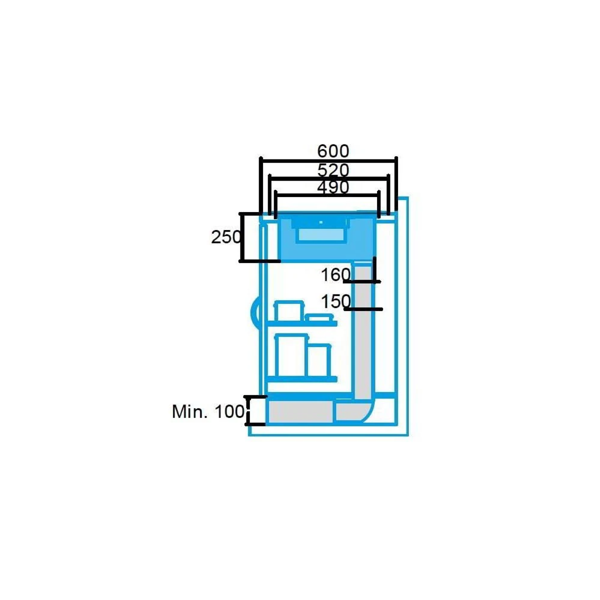 Dibujo técnico de un fregadero con medidas. Dibujo en líneas azules sobre fondo blanco.