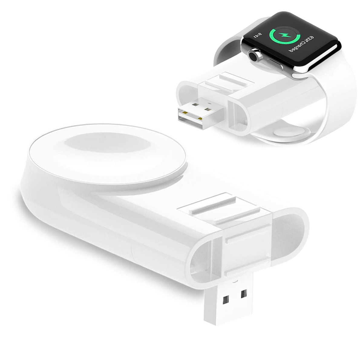 Weißes Apple Watch Ladegerät mit Uhr. USB-Anschluss sichtbar.