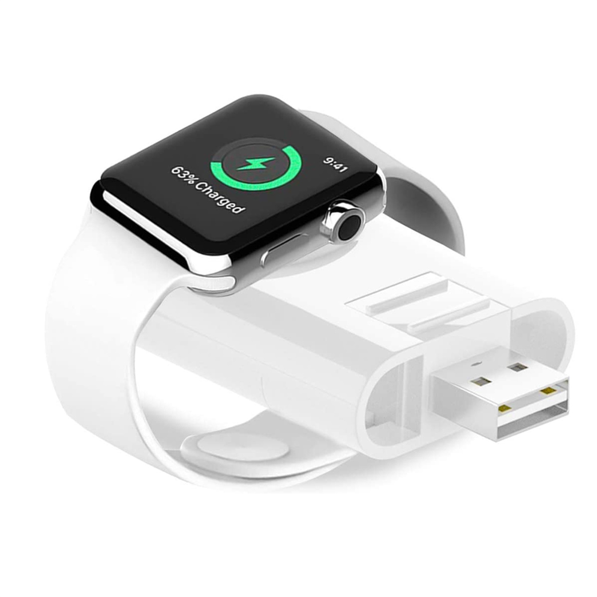 Weiße Apple Watch, die auf einer weißen Ladestation geladen wird. Uhr zeigt grünen Blitz und 63 % geladen an.