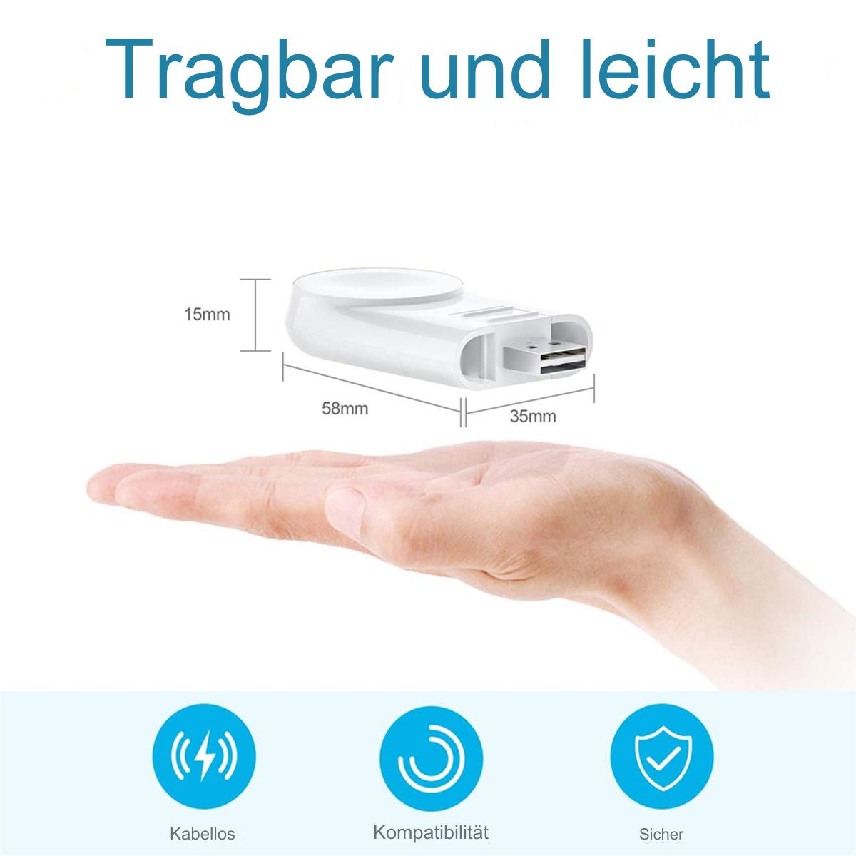 Hand hält ein weißes Ladegerät mit USB-Anschluss, mit Text 'Tragbar und leicht'.