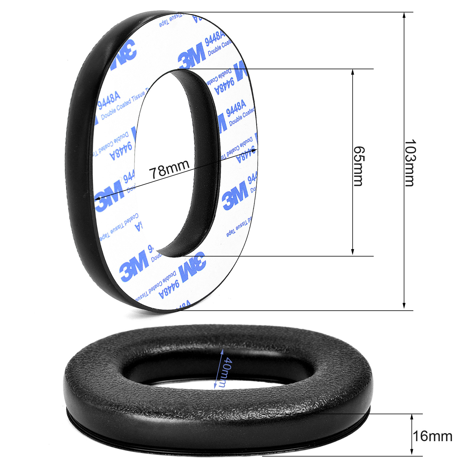 Zwei schwarze Ohrpolster. Eines mit doppelseitigem Klebeband, Maße sichtbar: 78 mm innen, 103 mm Außendurchmesser.