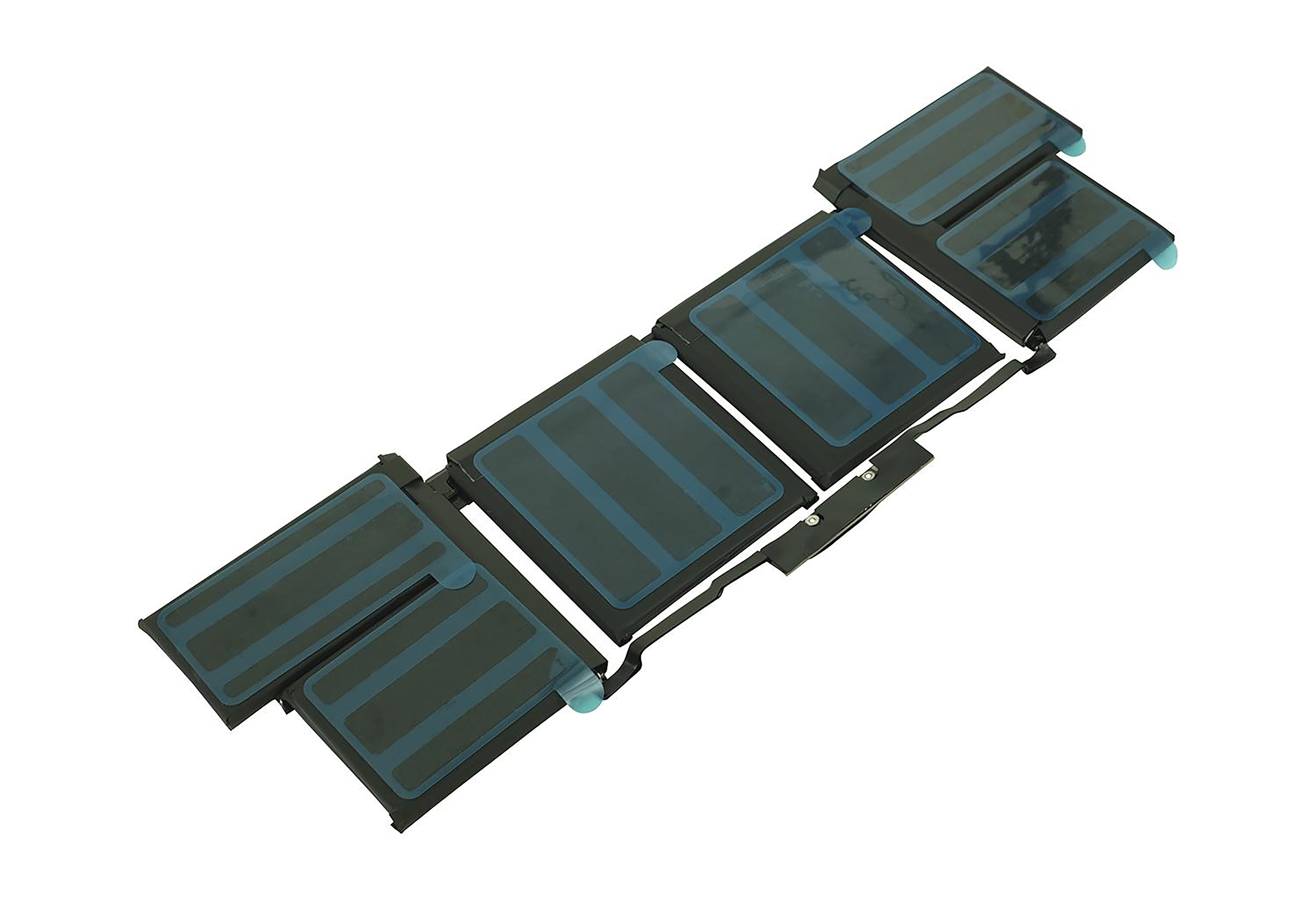 Batteriepack. Rechteckige schwarze Batteriezellen mit blauen Streifen auf weißem Hintergrund.