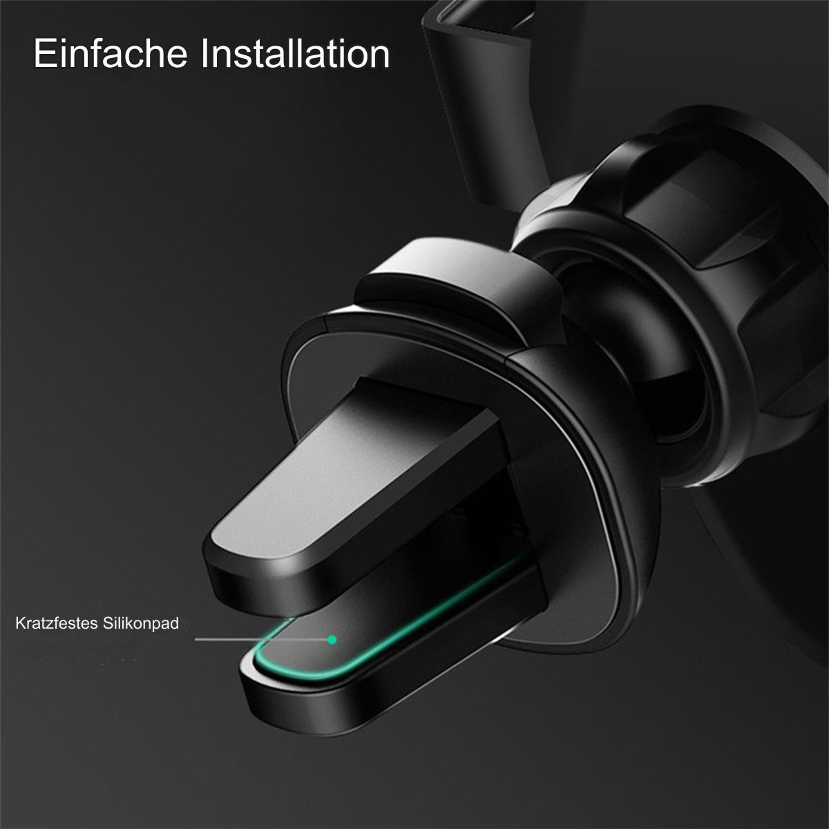 Eine schwarze Handyhalterung für die Lüftungsschlitze des Autos mit einem grünen Silikonpad.