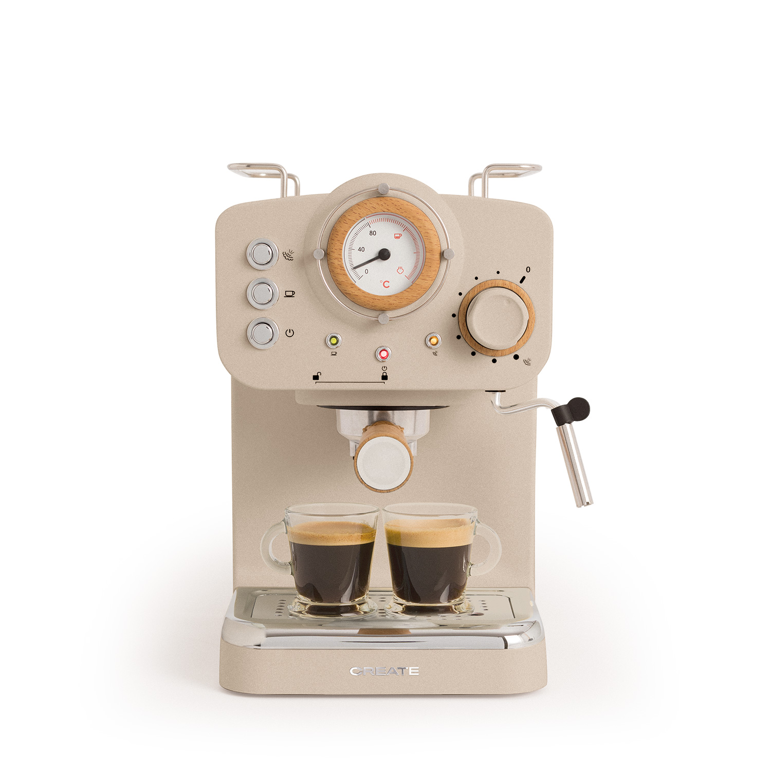 Máquina de espresso con cuerpo beige y dos tazas de vidrio llenas de café.