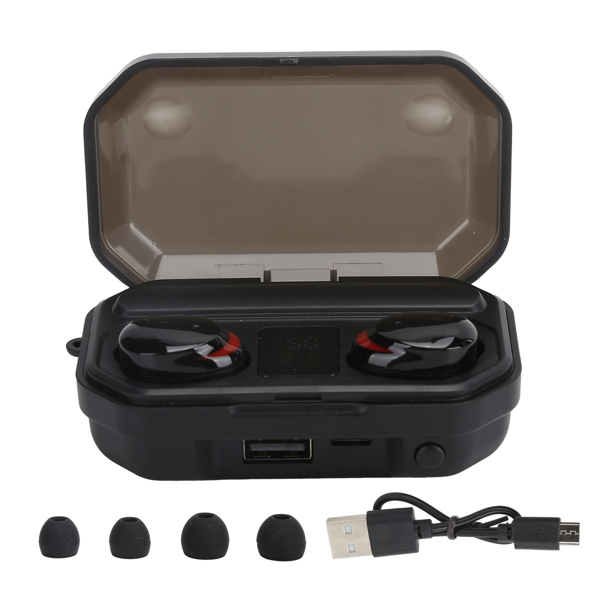 Schwarze Ohrhörer in einem Etui mit Ladekabel und Ersatzohrspitzen.