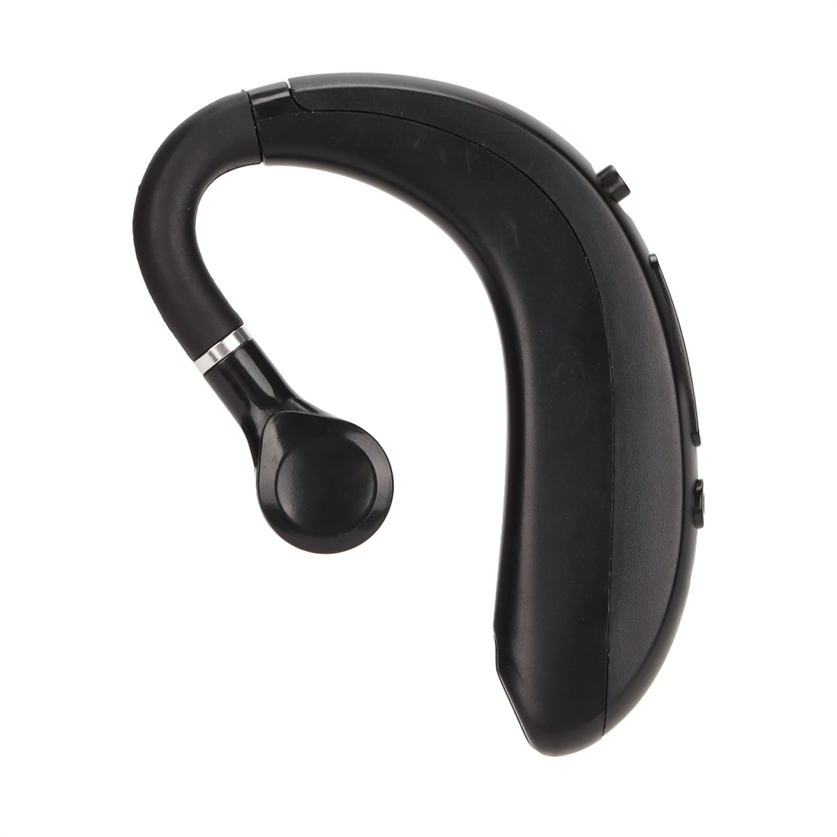 Ein schwarzes Bluetooth-Headset. Es hat ein gebogenes Design, um sich an das Ohr anzupassen. Es ist vor weißem Hintergrund.