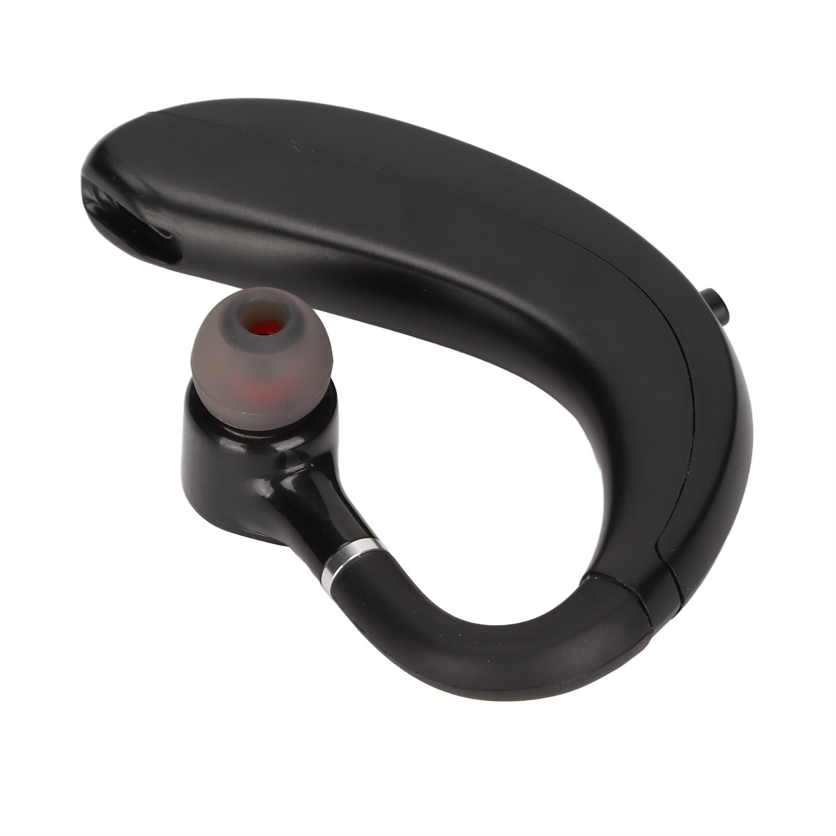 Schwarzes Bluetooth-Headset, geschwungenes Design, mit roter Ohrhörerspitze.