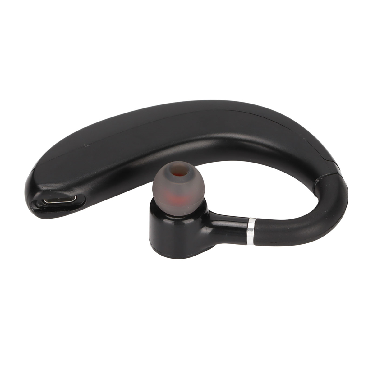 Schwarzes kabelloses Bluetooth-Headset mit Ohrhörer und Mikrofon, isoliert auf Weiß.