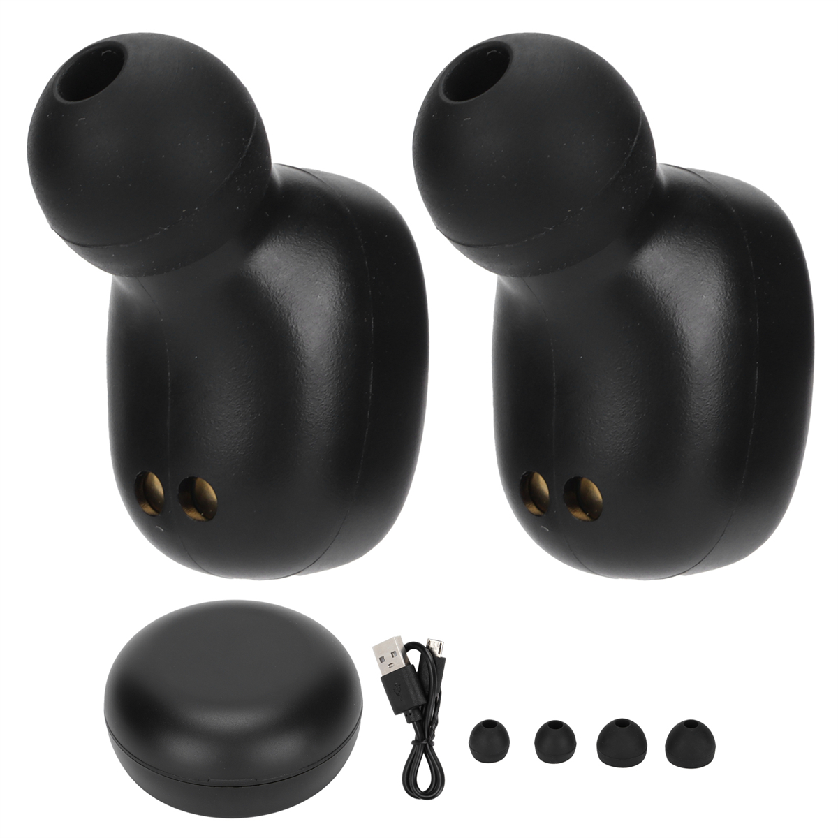 Schwarze Ohrhörer und Ladecase. Die Ohrhörer haben schwarze Spitzen. Weißer Hintergrund.