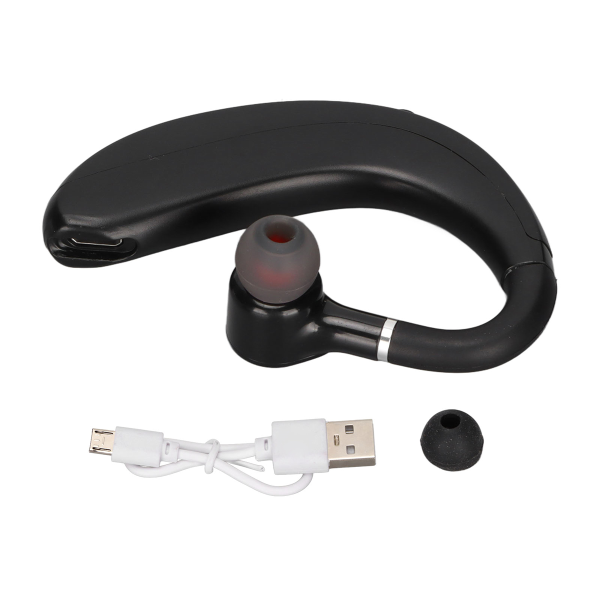 Ein schwarzes Bluetooth-Ohrhörer mit Ohrbügel, Ladekabel und zusätzlichem Ohrhörer.