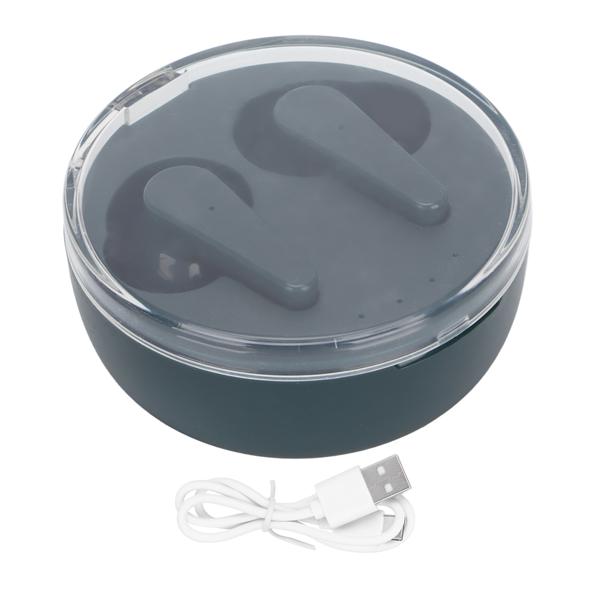 Dunkelgraue Ohrhörer in einem runden Ladecase, mit einem weißen Ladekabel daneben.