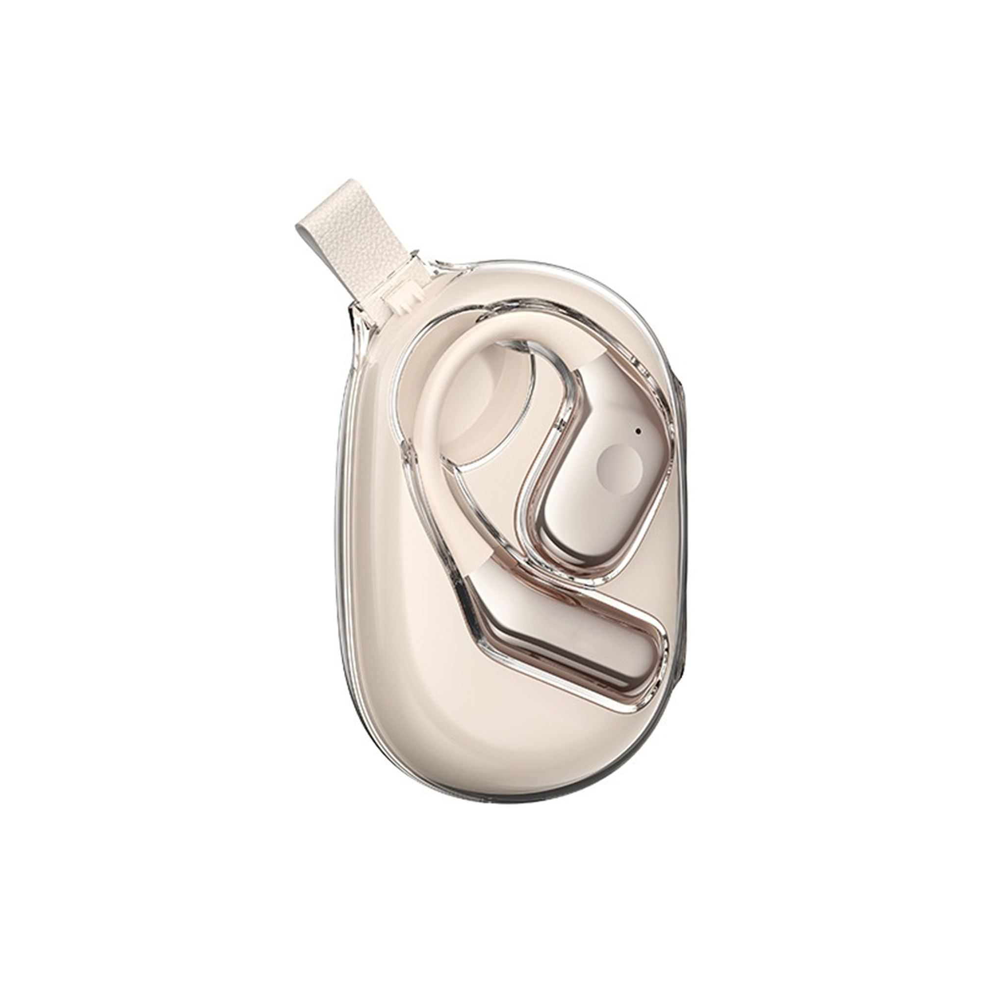 Ohrhörer in einem Etui mit Riemen. Das Etui ist transparent, die Ohrhörer sind weiß.