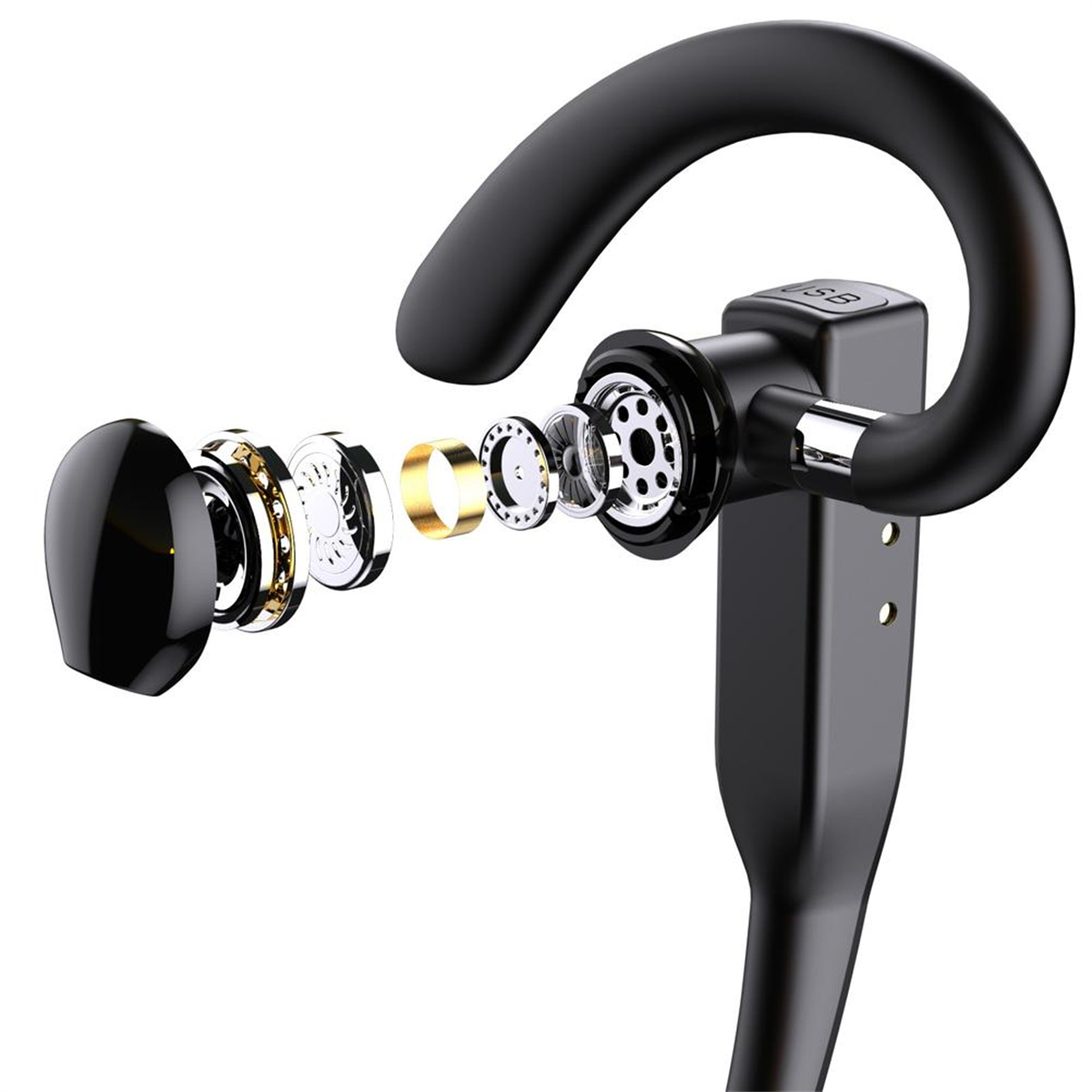 Explosionsansicht eines schwarzen Bluetooth-Headsets mit internen Komponenten.