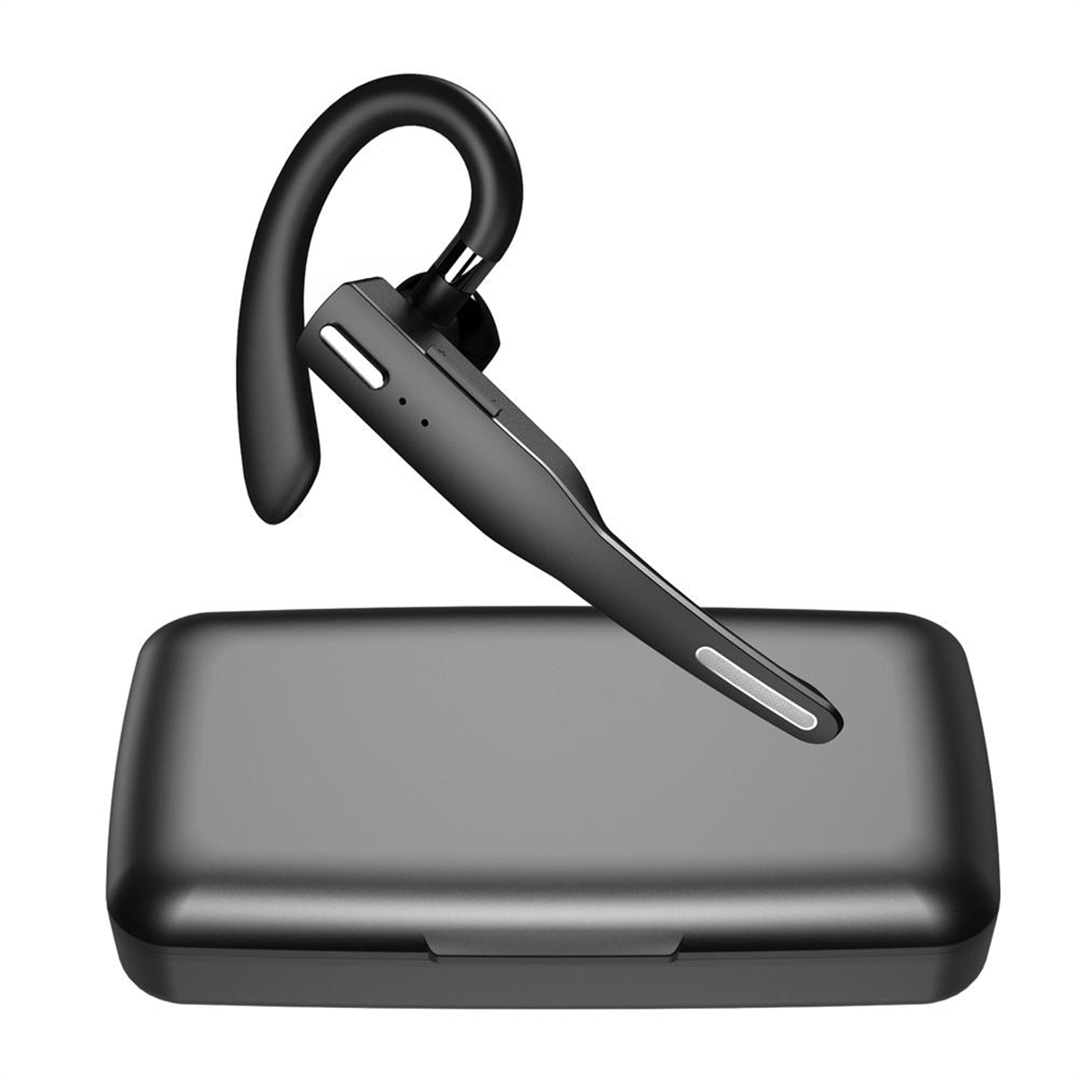 Schwarzes Bluetooth-Headset mit Ladecase. Weißer Hintergrund.