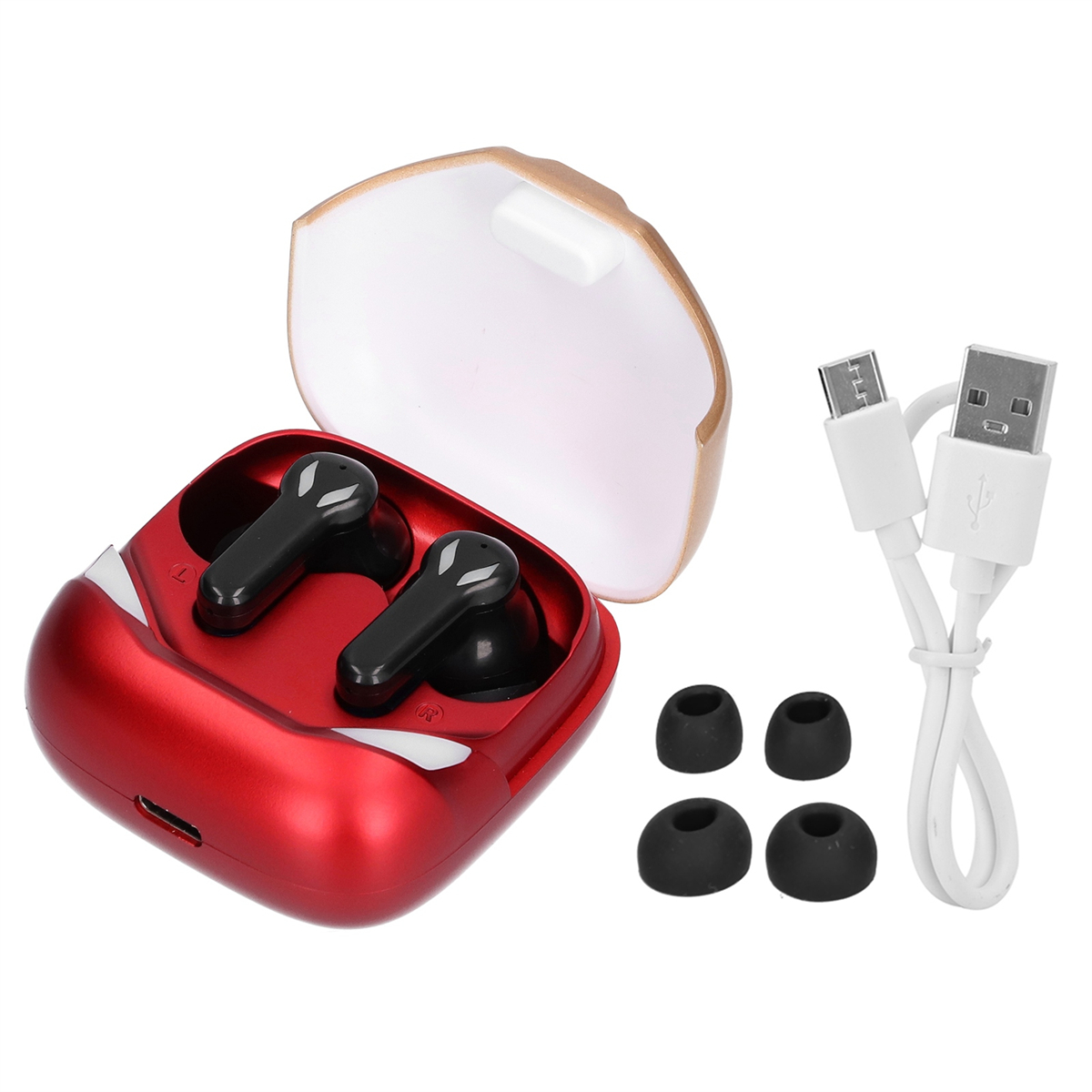 Rote kabellose Ohrhörer in Ladeetui mit USB-Kabel und Spitzen. Weißer Hintergrund.