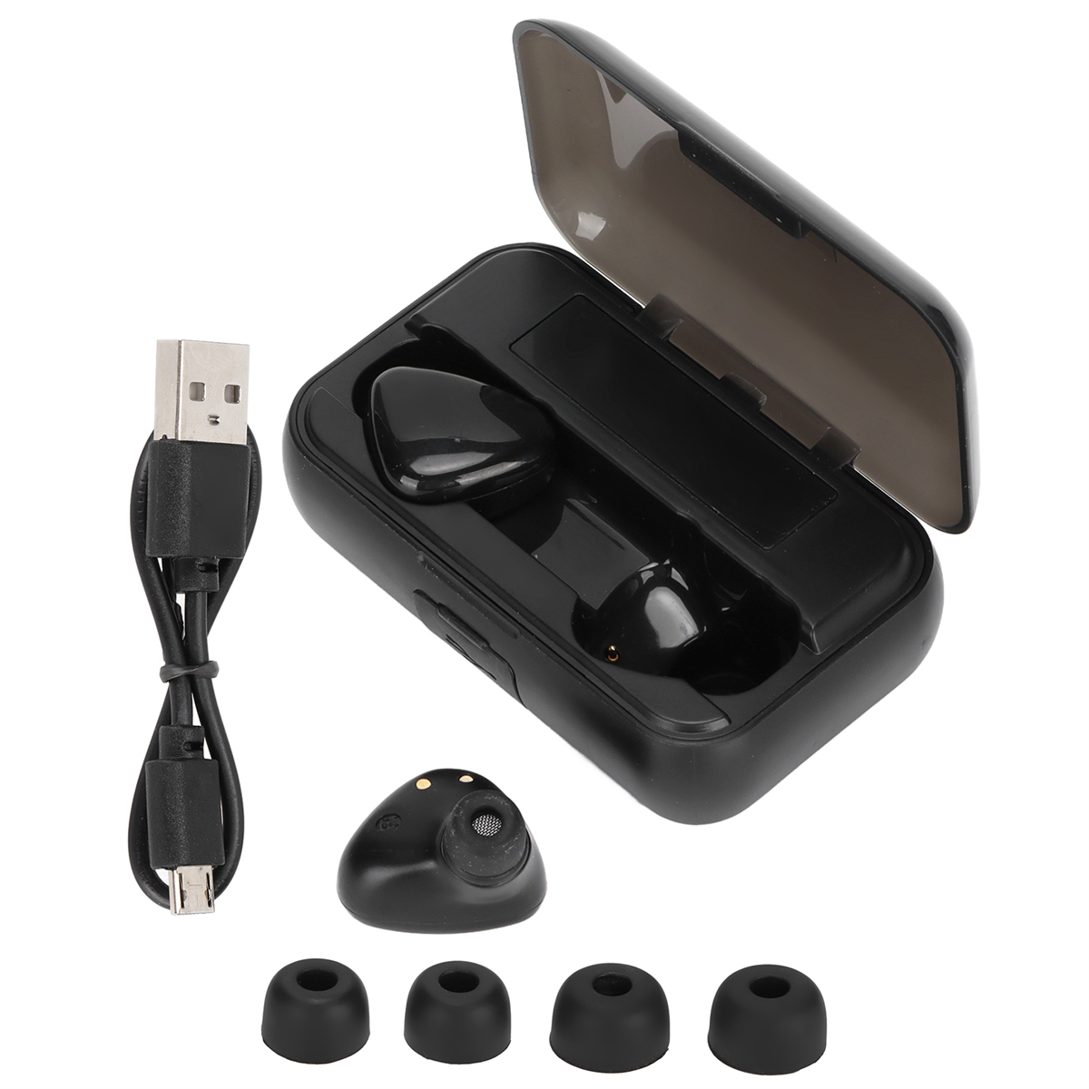 Schwarze kabellose Ohrhörer mit Ladeetui, USB-Kabel und zusätzlichen Ohrstöpseln.
