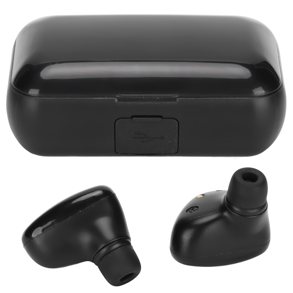 Ein schwarzes Ladeetui und zwei schwarze kabellose Ohrhörer. Es gibt einen USB-Anschluss am Gehäuse.