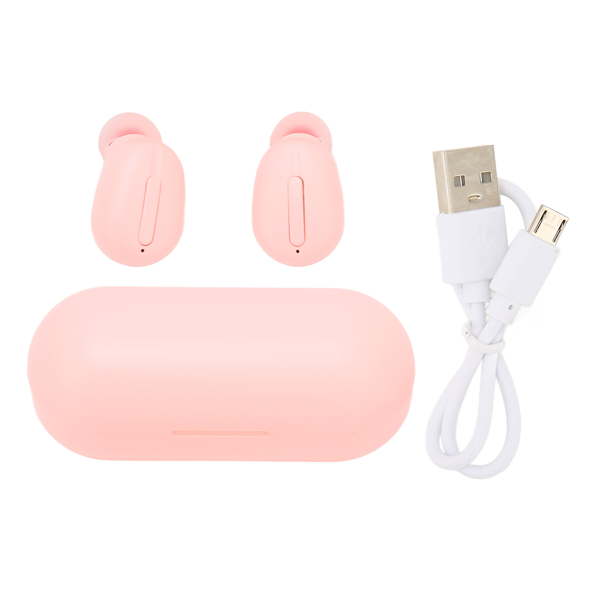 Rosa Ohrhörer mit Ladecase und weißem USB-Kabel.