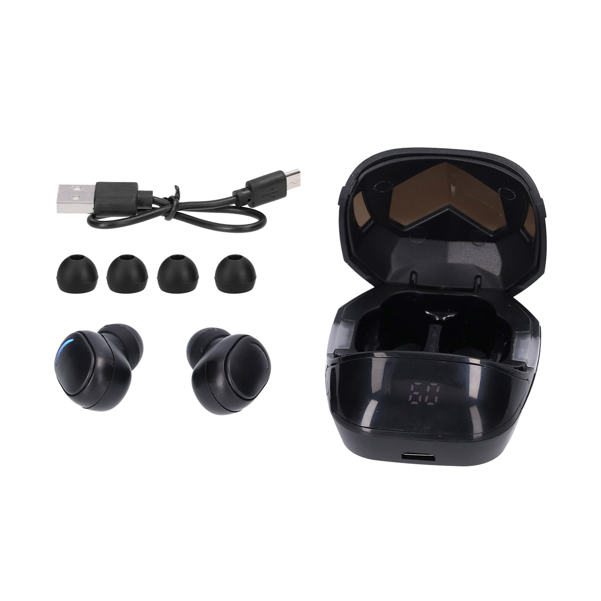 Schwarze Ohrhörer mit Ladecase, USB-Kabel und zusätzlichen Ohrstöpseln, auf weißem Hintergrund.