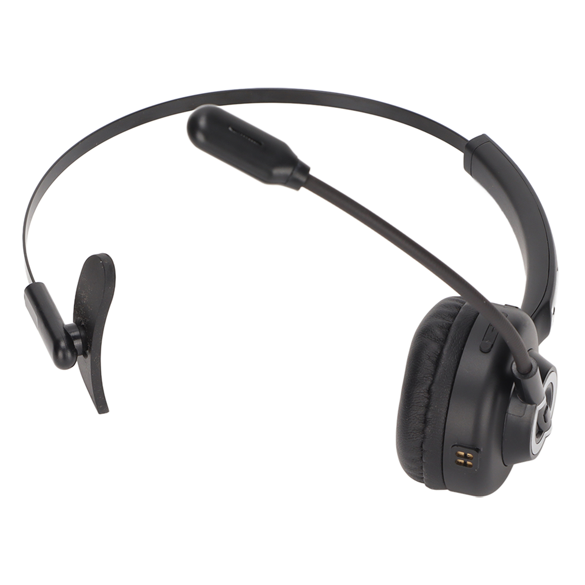 Schwarzes kabelloses Headset mit Mikrofon auf weißem Hintergrund.