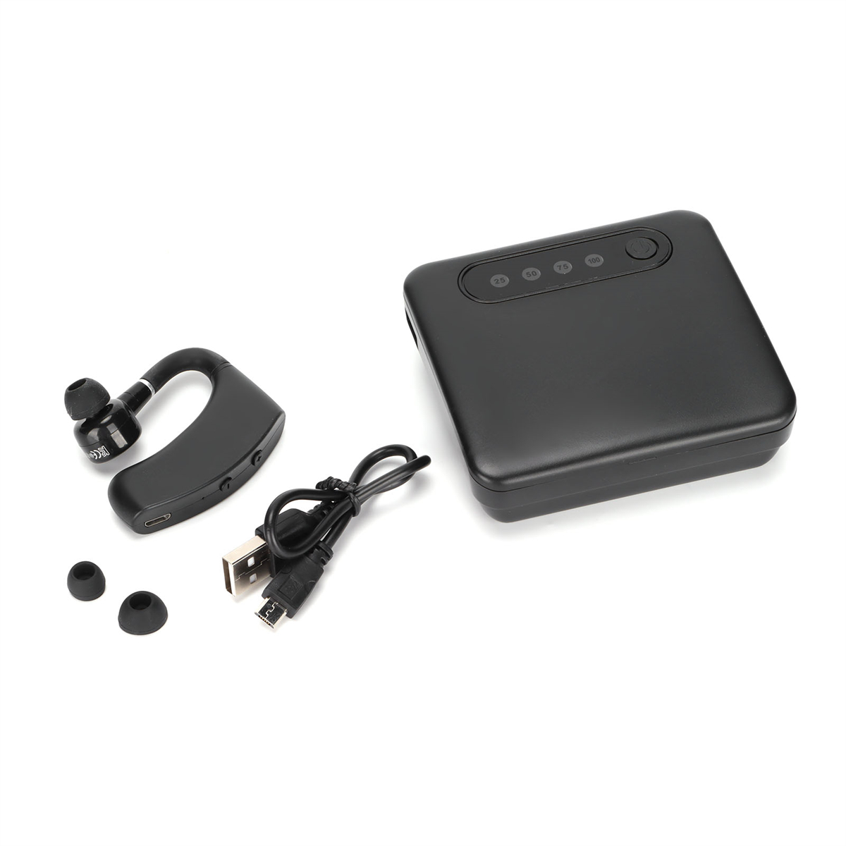 Schwarzes drahtloses Headset mit Ladecase und Zubehör. Enthält USB-Kabel und zusätzliche Knospen.