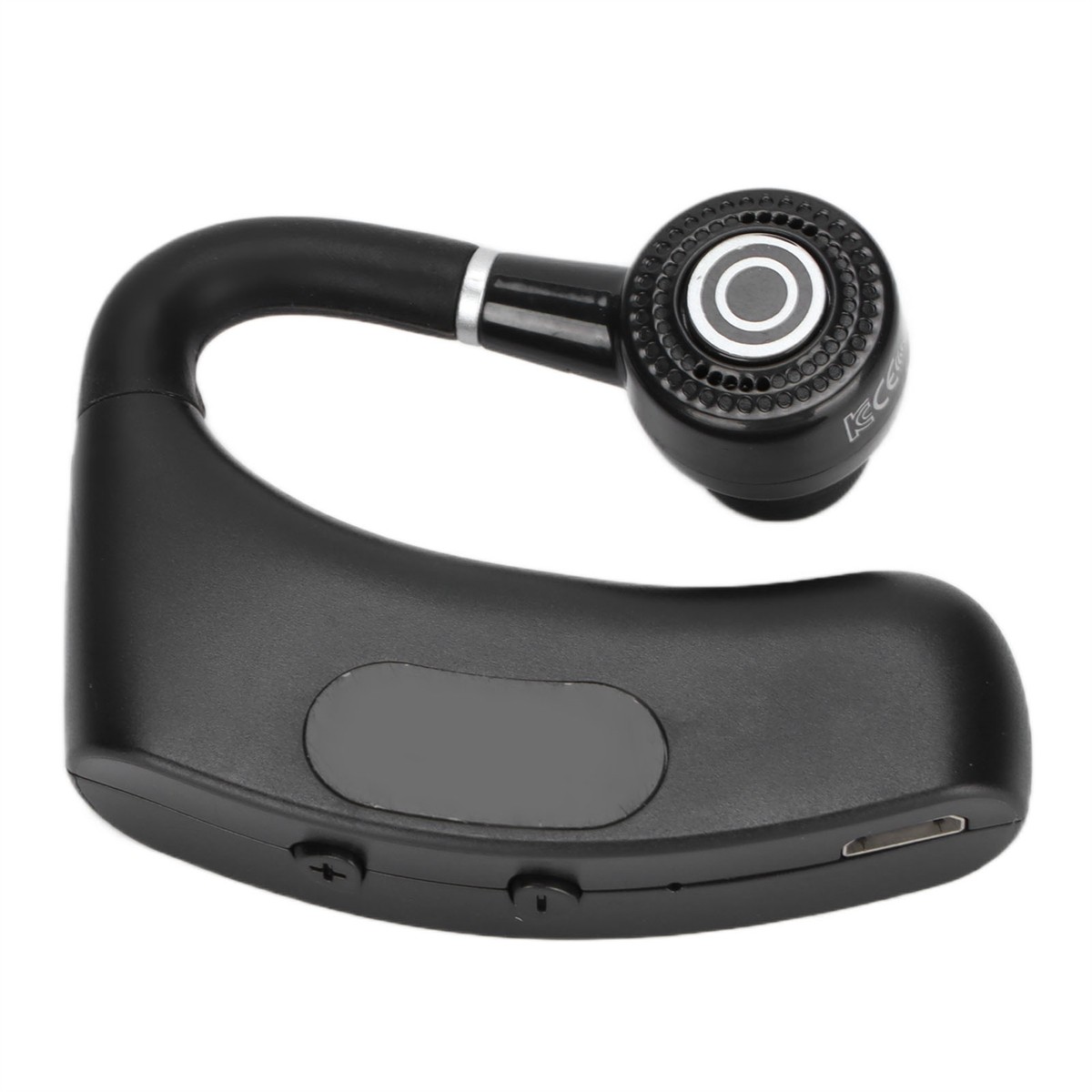 Schwarzes kabelloses Headset mit geschwungenem Design, Ohrbügel und Knöpfen.