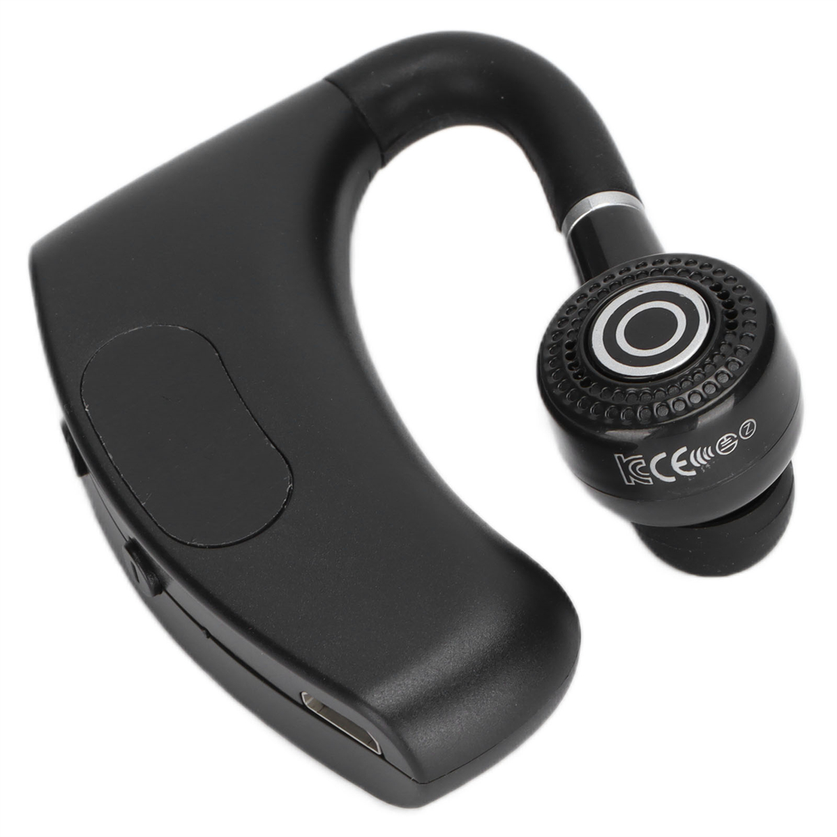 Schwarzes drahtloses Headset mit Ohrhörer und Mikrofon, isoliert auf weißem Hintergrund.