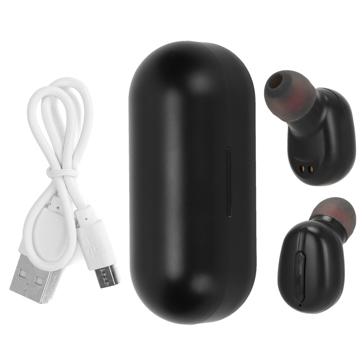 Schwarze kabellose Ohrhörer, Ladecase und weißes Ladekabel mit USB-Anschluss werden angezeigt.