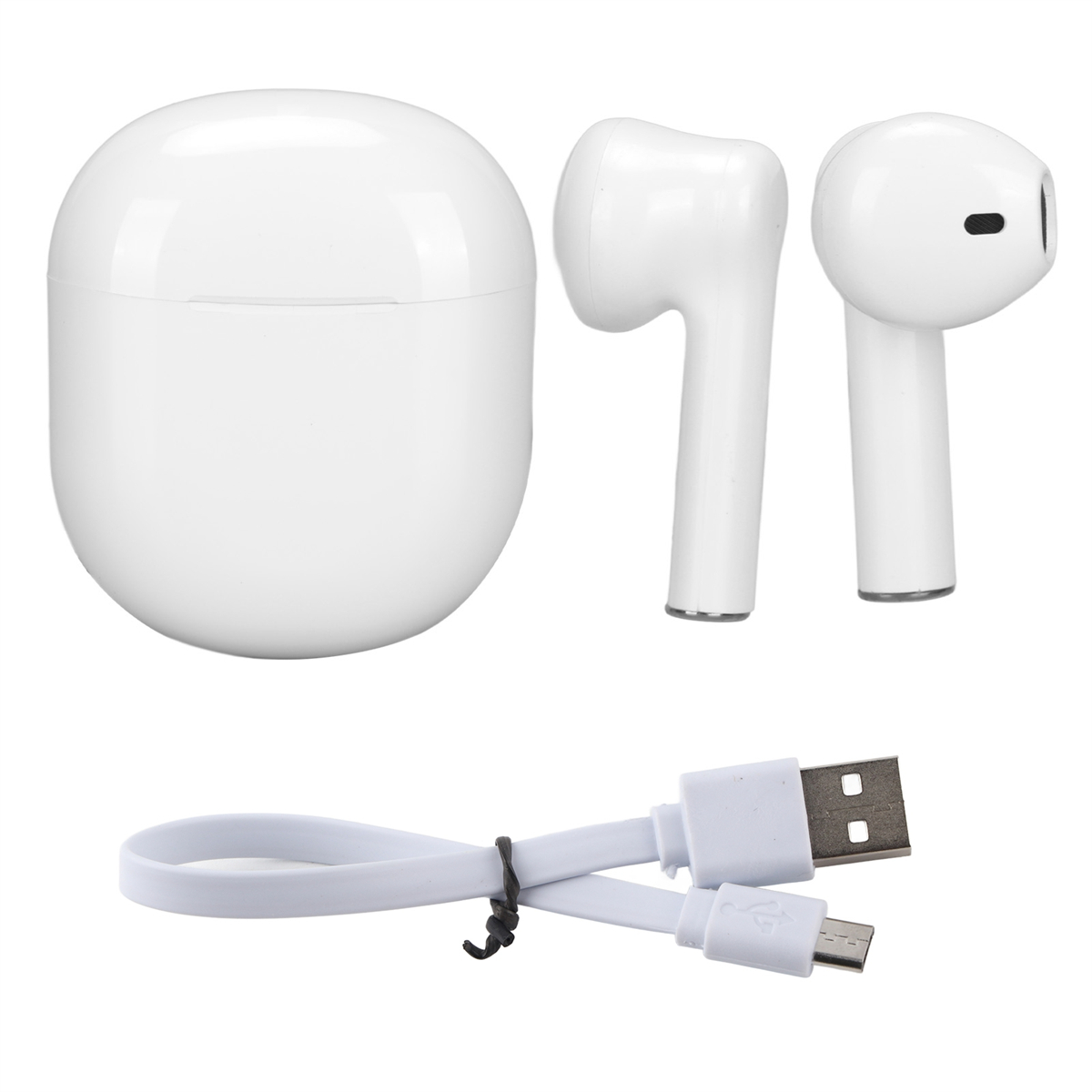 Weiße Ohrhörer, Ladecase und weißes USB-C-Ladekabel. Die Ohrhörer sind weiß.