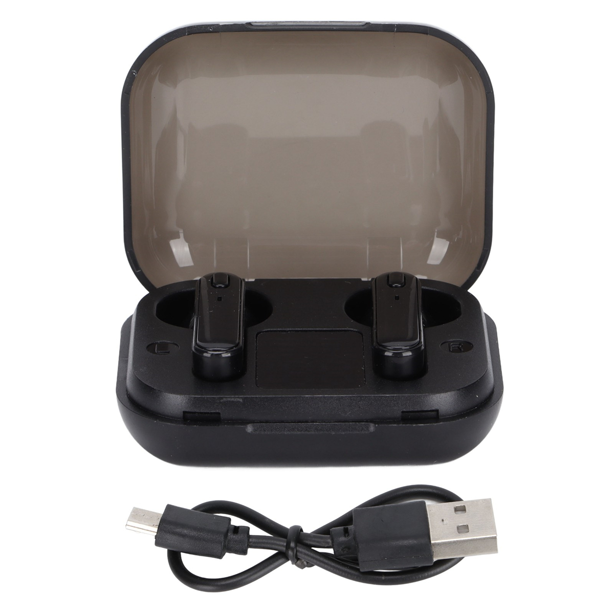 Schwarzes Kopfhörer-Etui geöffnet, Ohrhörer innen, USB-Kabel.
