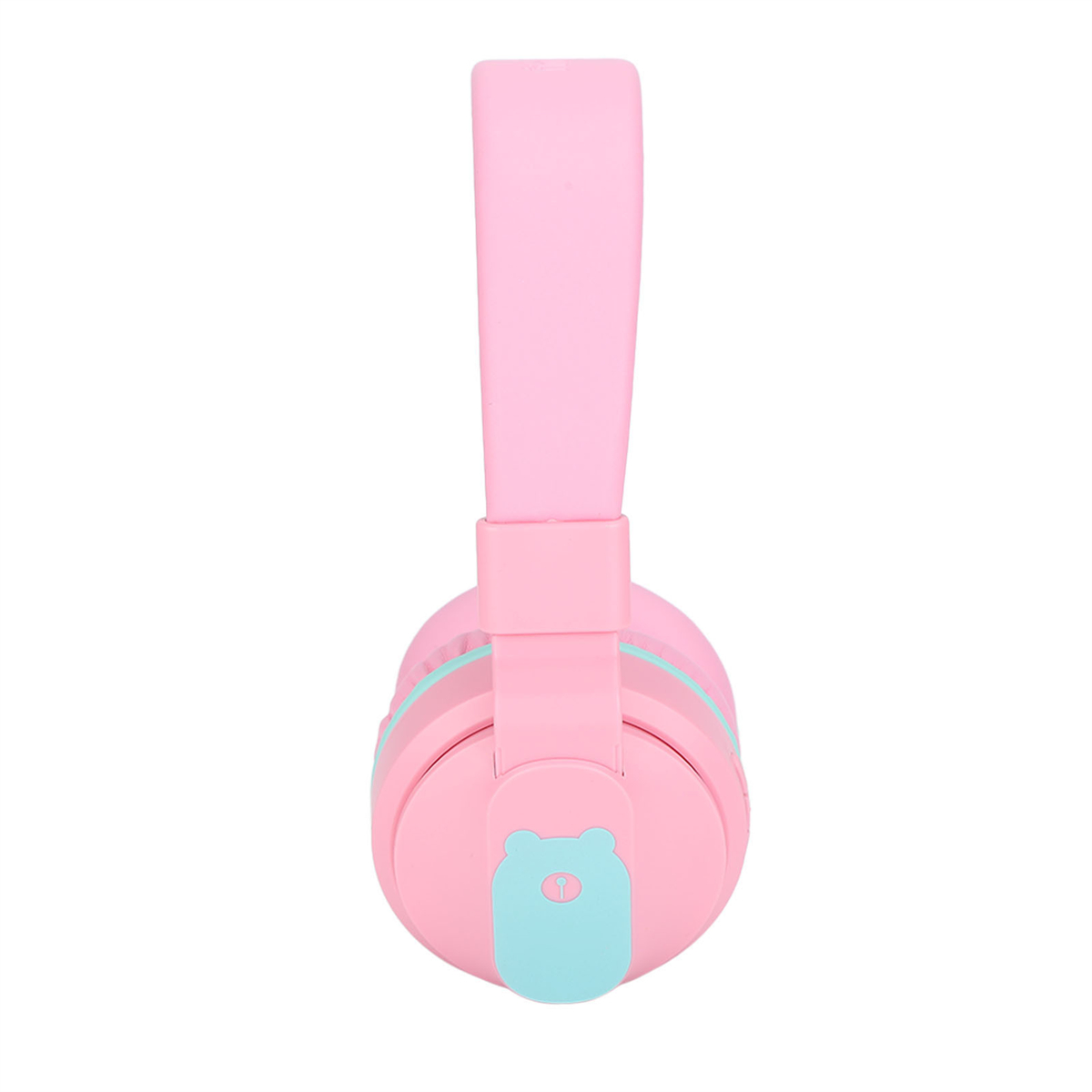 Rosa Kopfhörer. Ohrmuscheln und Kopfbügel sind rosa. Hellblaue Details und Design. Weißer Hintergrund.