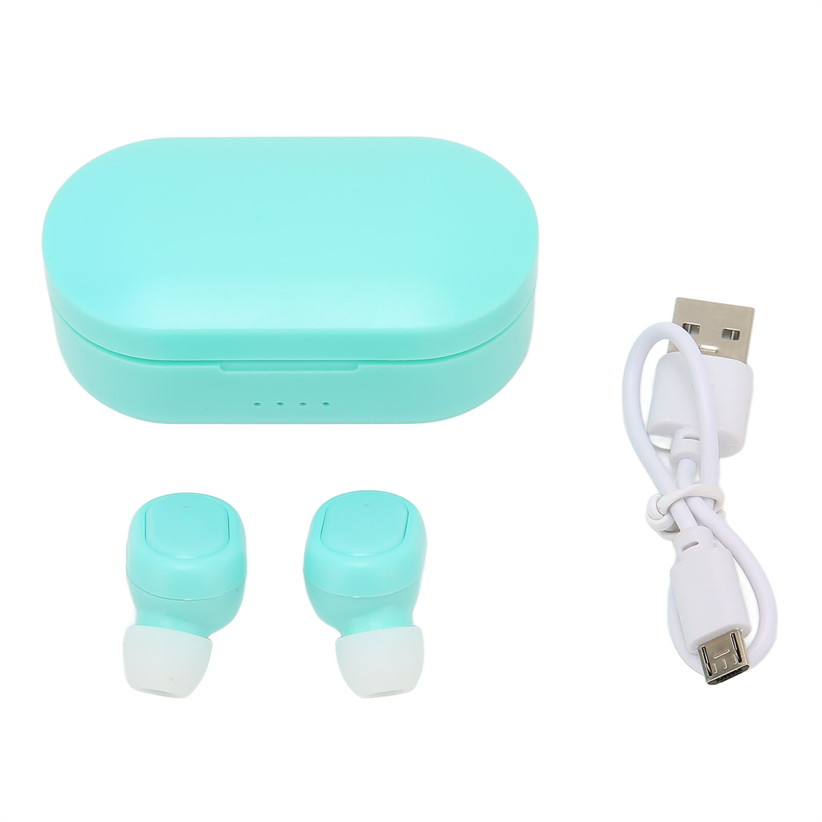 Ein mintgrünes Ladecase mit Ohrhörern und einem weißen Ladekabel.