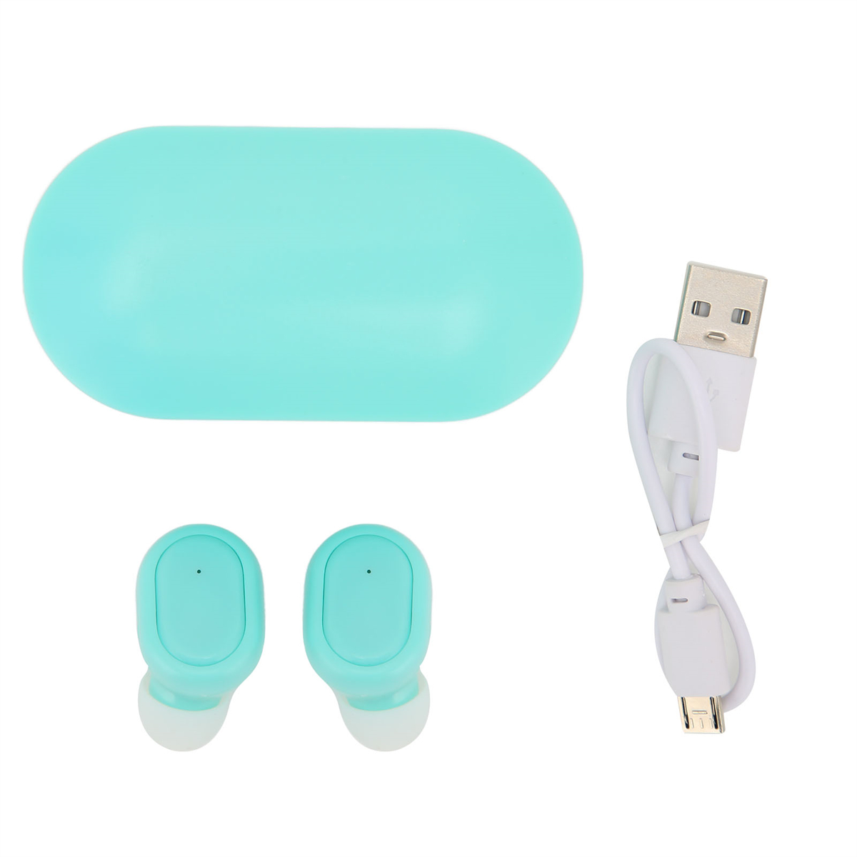 Blaue Ohrhörer, Hülle und ein weißes Ladekabel.