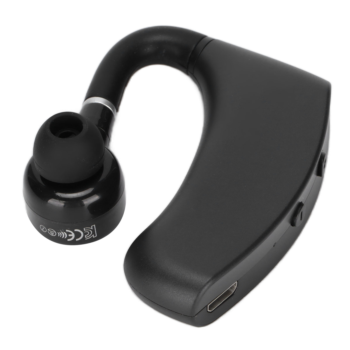 Schwarzes Bluetooth-Headset mit Ohrhörer und gebogenem Arm.