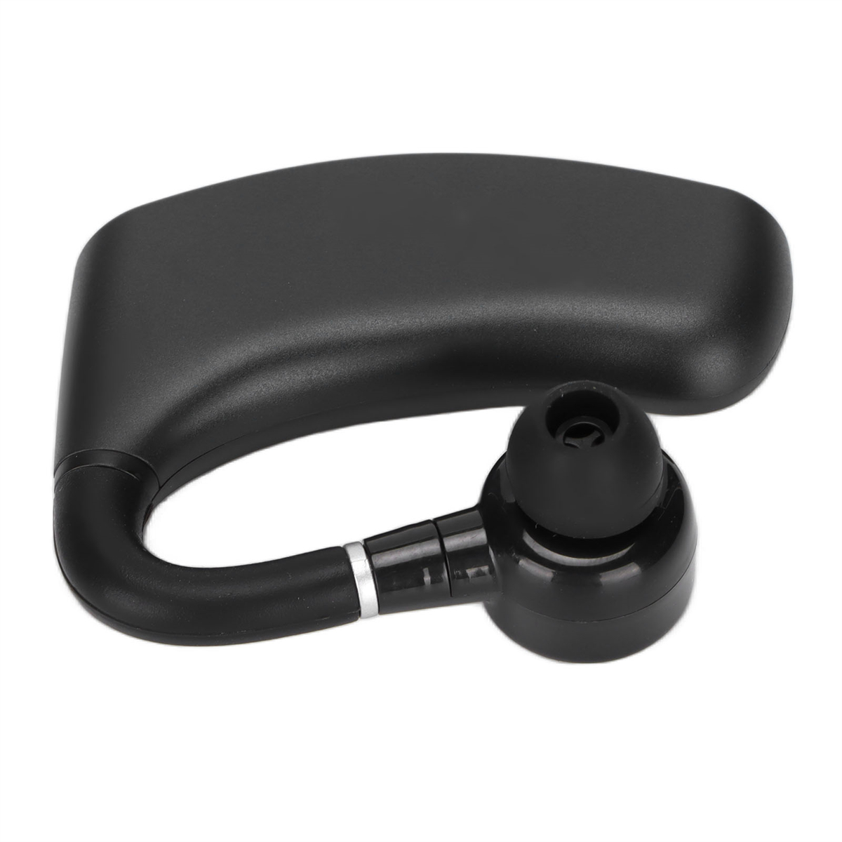 Schwarzes Bluetooth-Headset. Es hat einen Ohrhörer und einen flexiblen Arm, der über das Ohr geht.