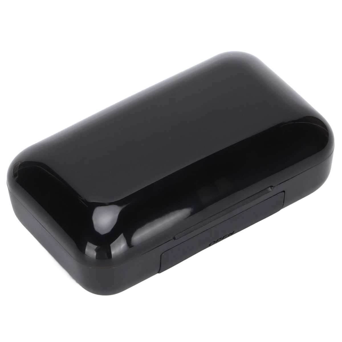 Schwarzes, rechteckiges Kopfhörer-Etui, geschlossen. Die Hülle hat eine glänzende Oberfläche.
