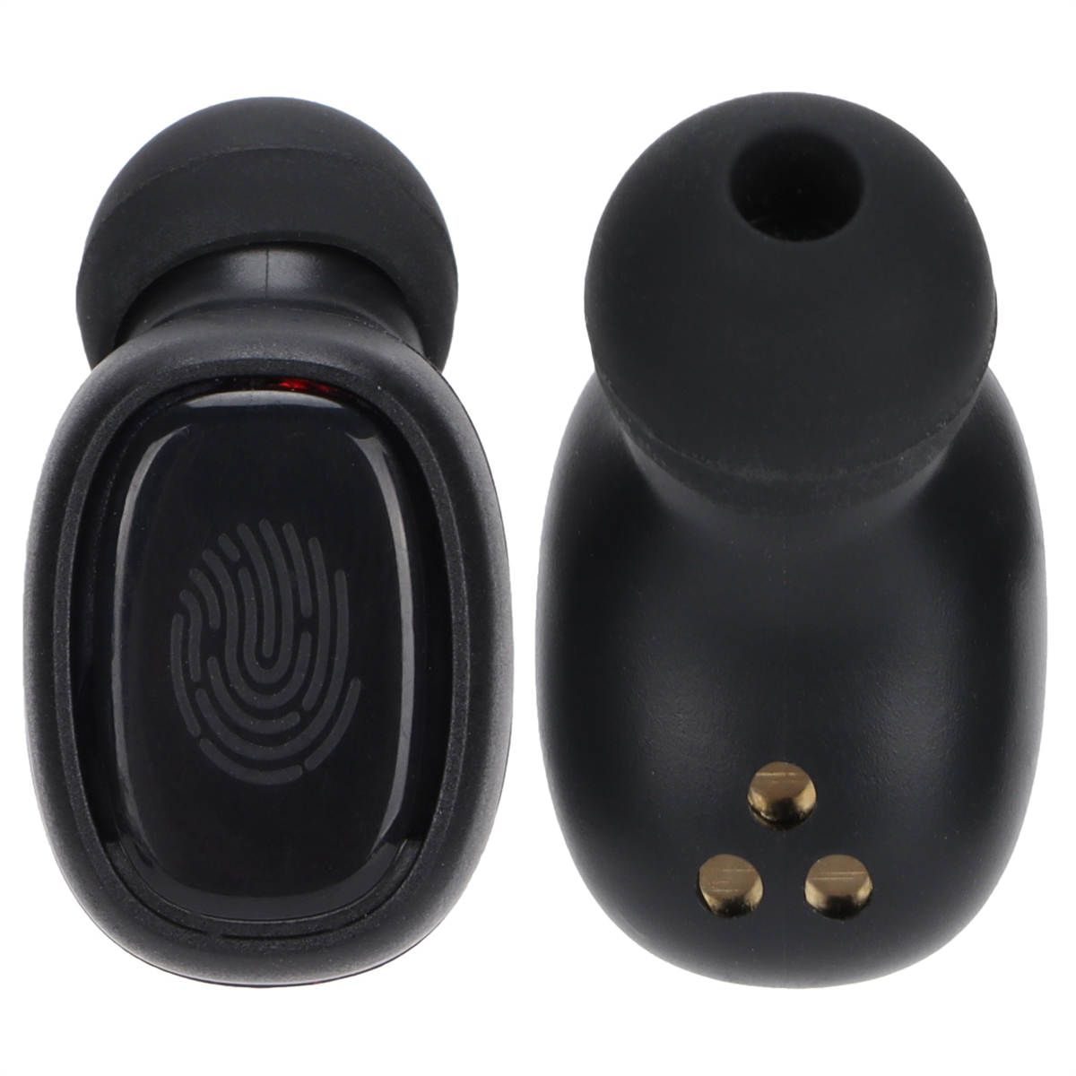 Nahaufnahme von zwei schwarzen kabellosen Ohrhörern, einer mit Fingerabdrucksensor.