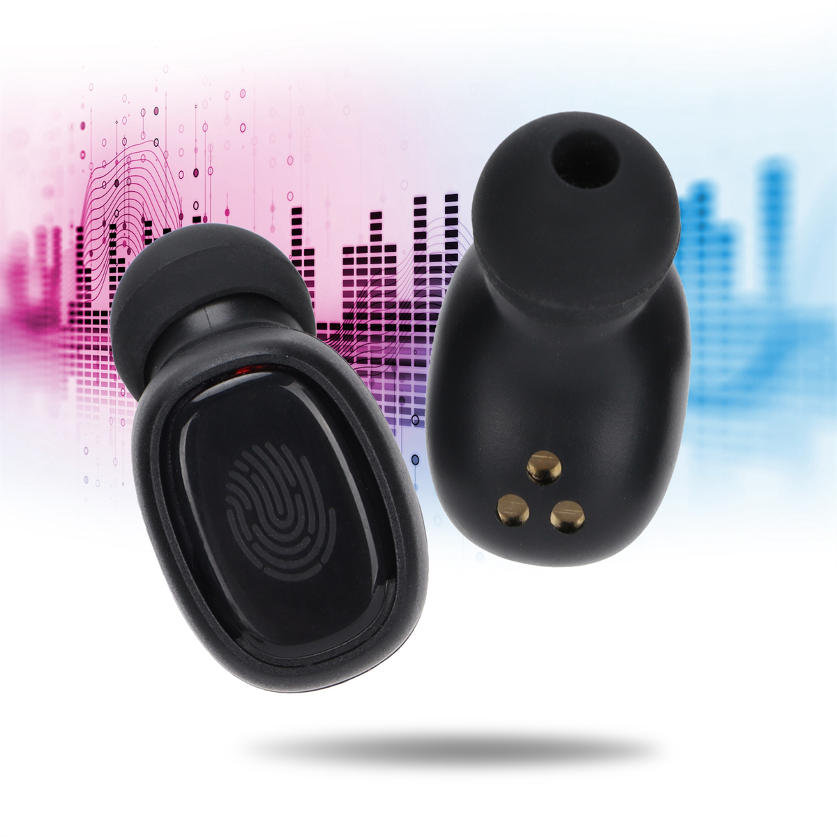 Zwei schwarze Ohrhörer mit Fingerabdrucksensor vor farbenfrohem Hintergrund.