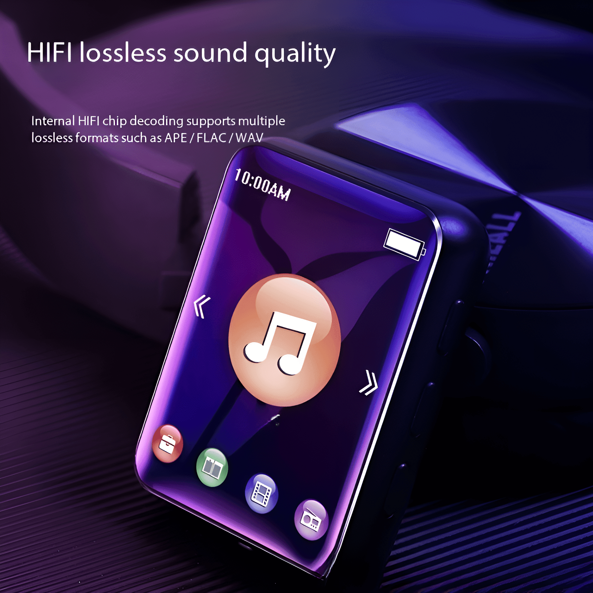 Nahaufnahme eines schwarz-violetten MP3-Players mit einem Bildschirm, der ein Notensymbol und die Zeit anzeigt.