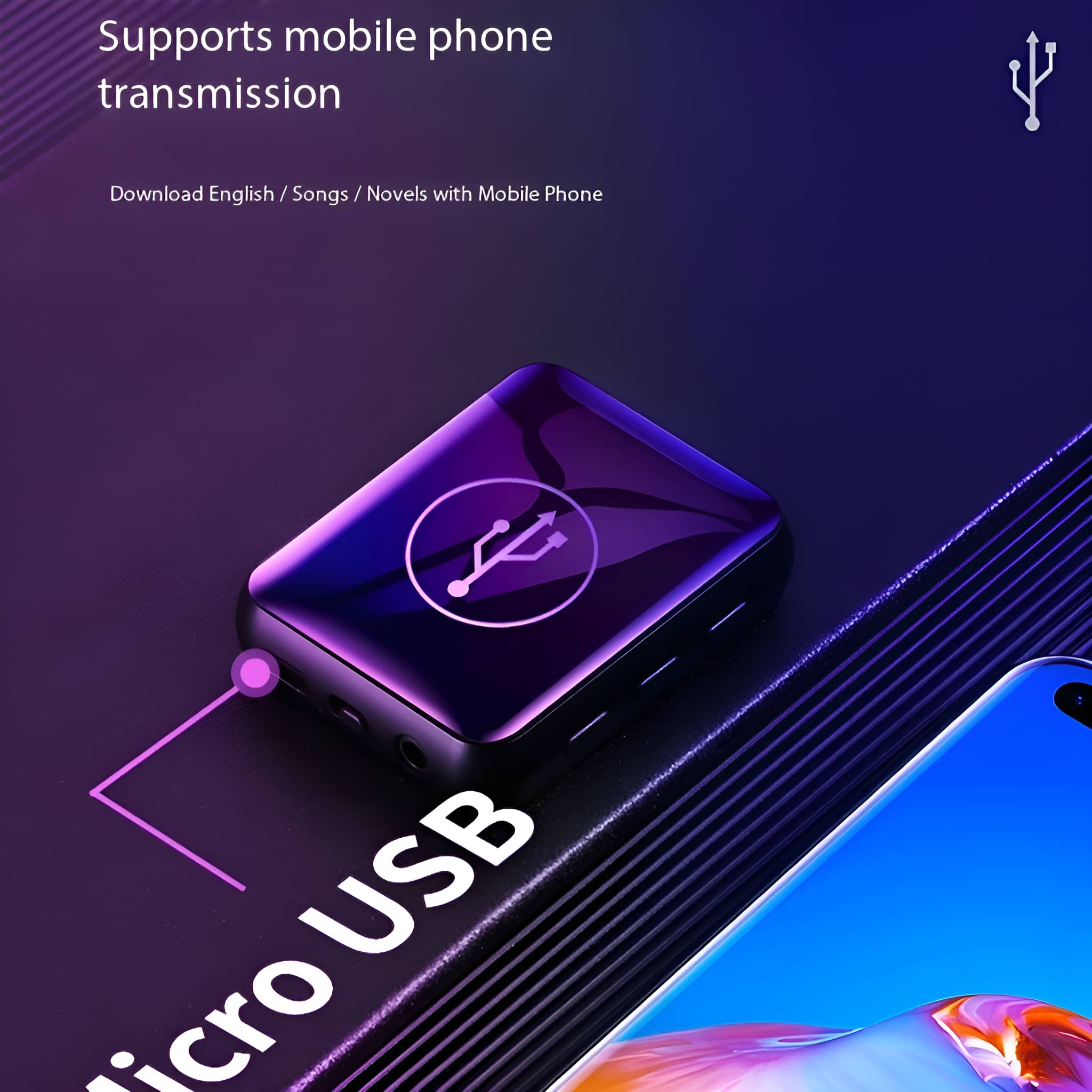 Ein lila USB-Gerät mit USB-Logo, verbunden mit einem Telefon. Text oben: mobile Telefonübertragung.