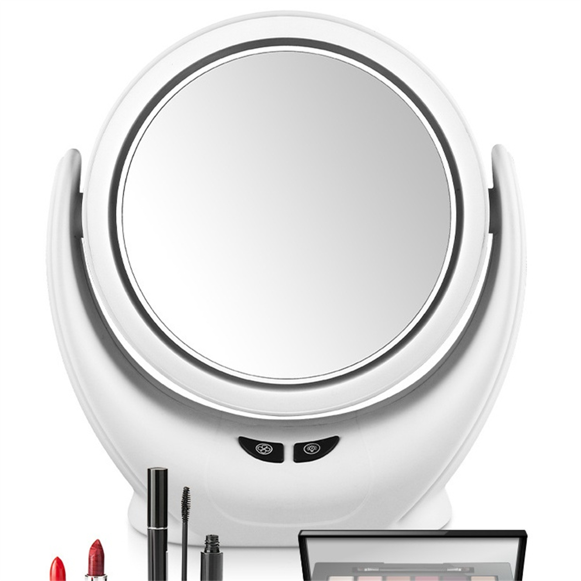Weißer, runder Schminkspiegel mit Lichtern. Lippenstift, Mascara und Lidschatten unten.