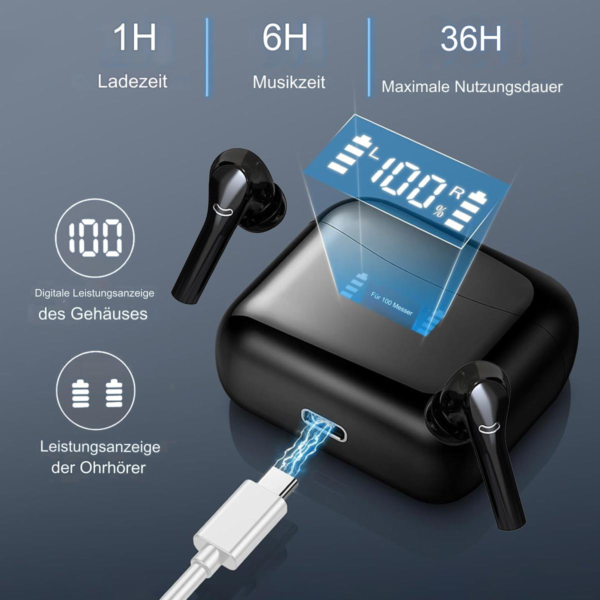 Schwarze Ohrhörer mit Ladecase, USB-Kabel und Anzeige der Akkulaufzeit.