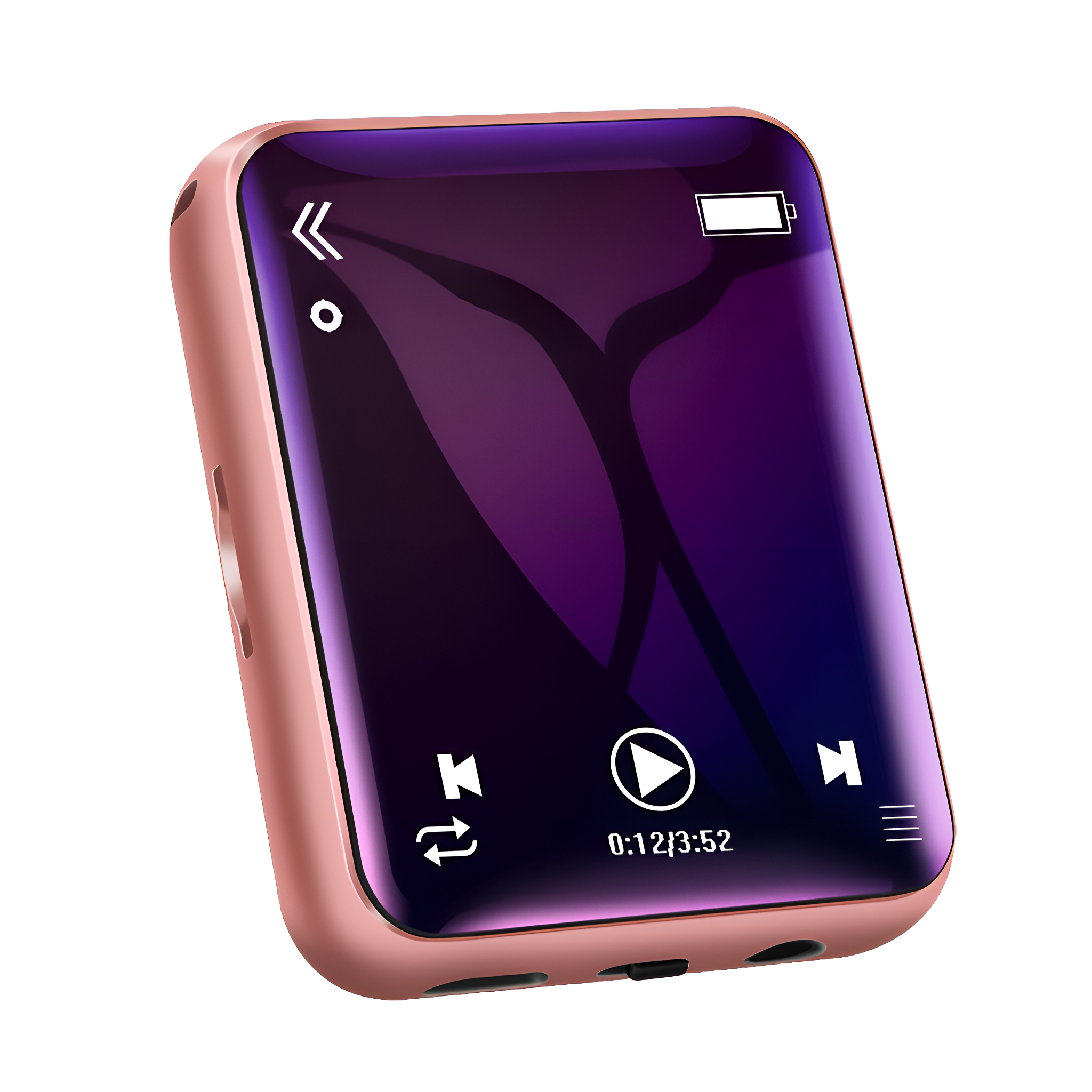 Roségoldener MP3-Player. Der Bildschirm zeigt Wiedergabesteuerung und Zeit an. Weißer Hintergrund.