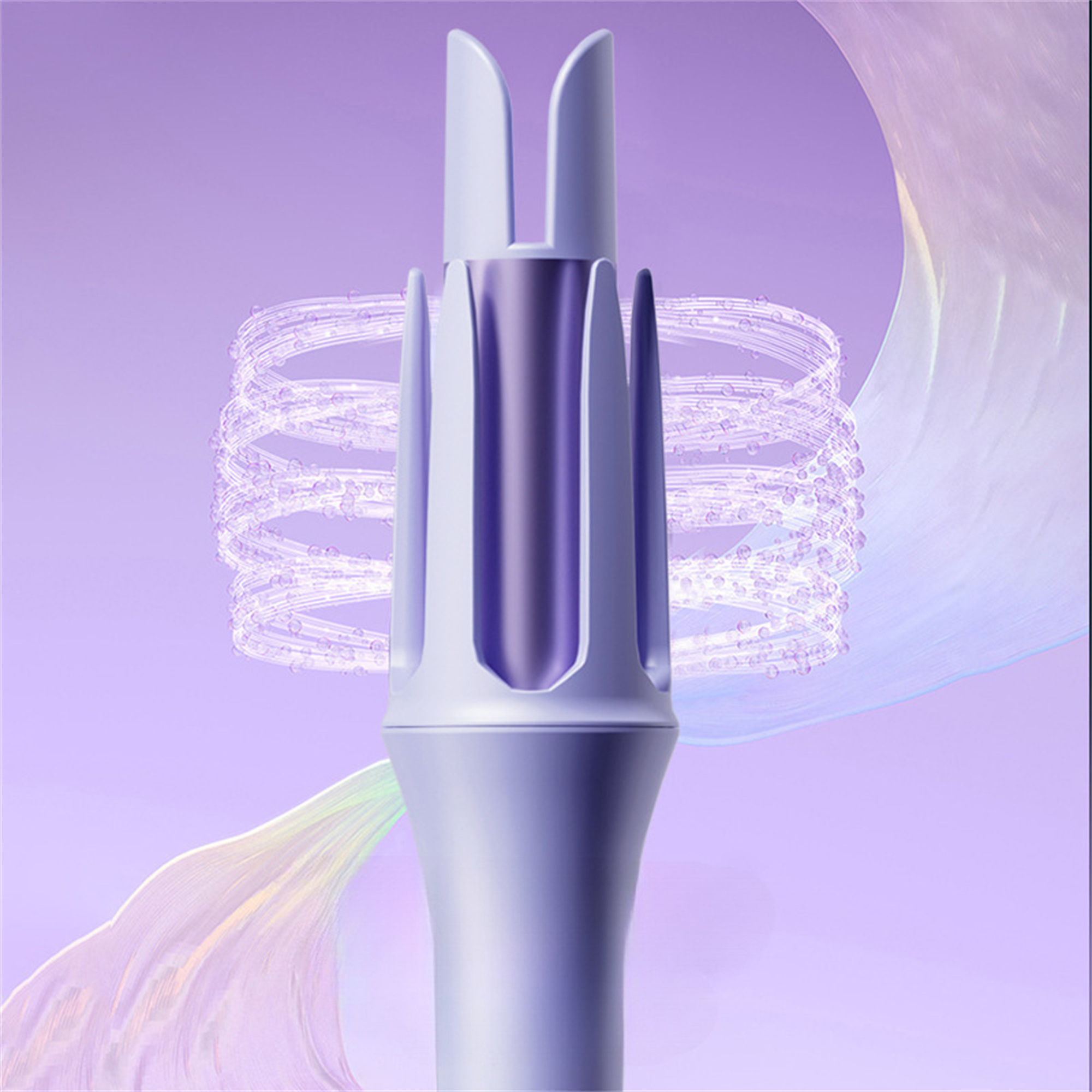 Styling-Tool, lila, mit Spiraldesign, mit lila und weißem Hintergrund.