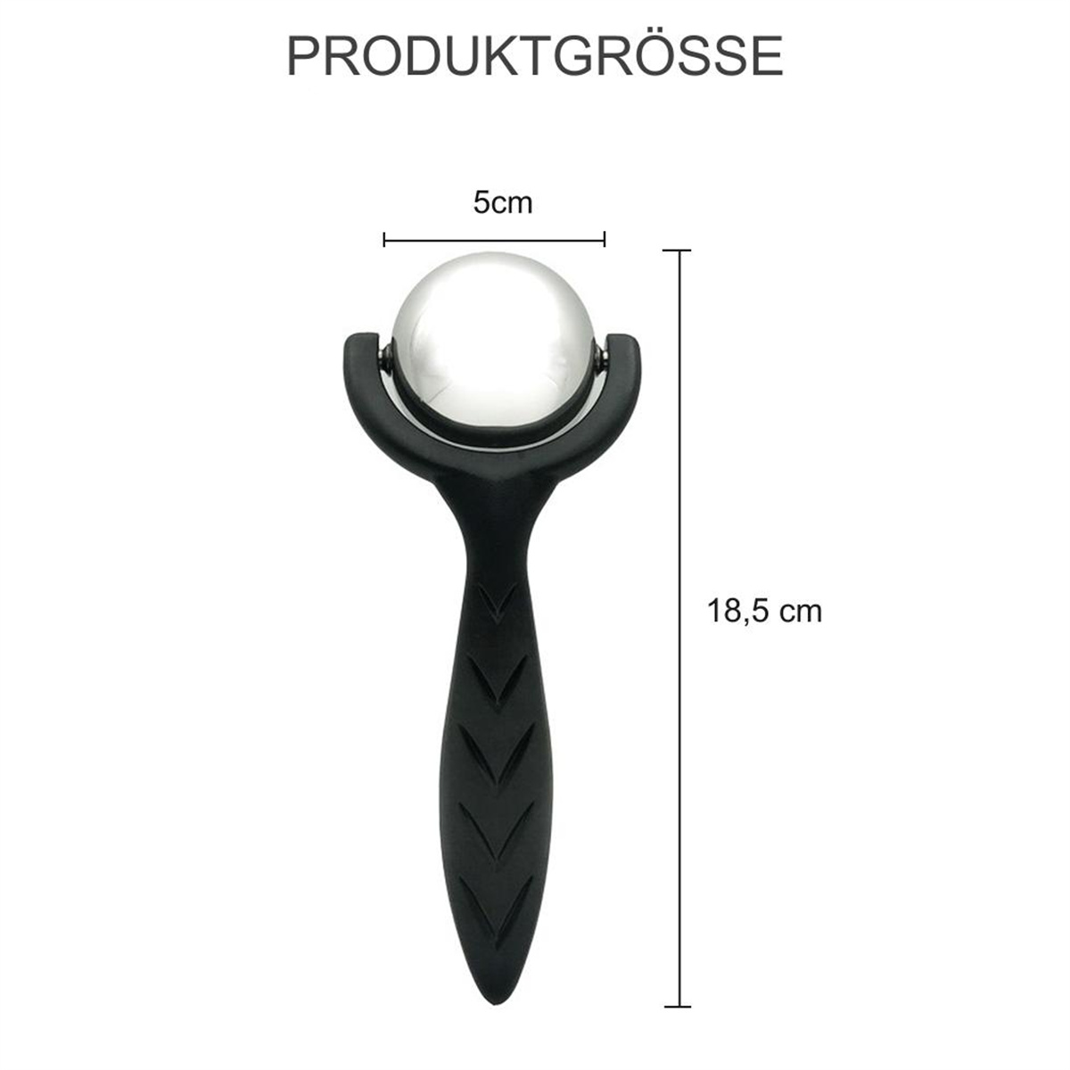 Ein schwarzer Gesichtsroller für die Haut. Die Rolle ist klar. Die Abmessungen sind angegeben.