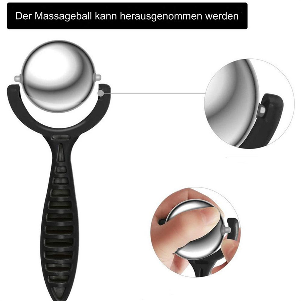Ein Massageball wird mit Griff und Nahaufnahmedetails gezeigt, die seine Verwendung demonstrieren.